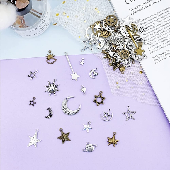 74PCS Celestial Mixed Sun Moon Star Charms, Antique Alloy Pendants DIY Necklace - Picture 5 of 6